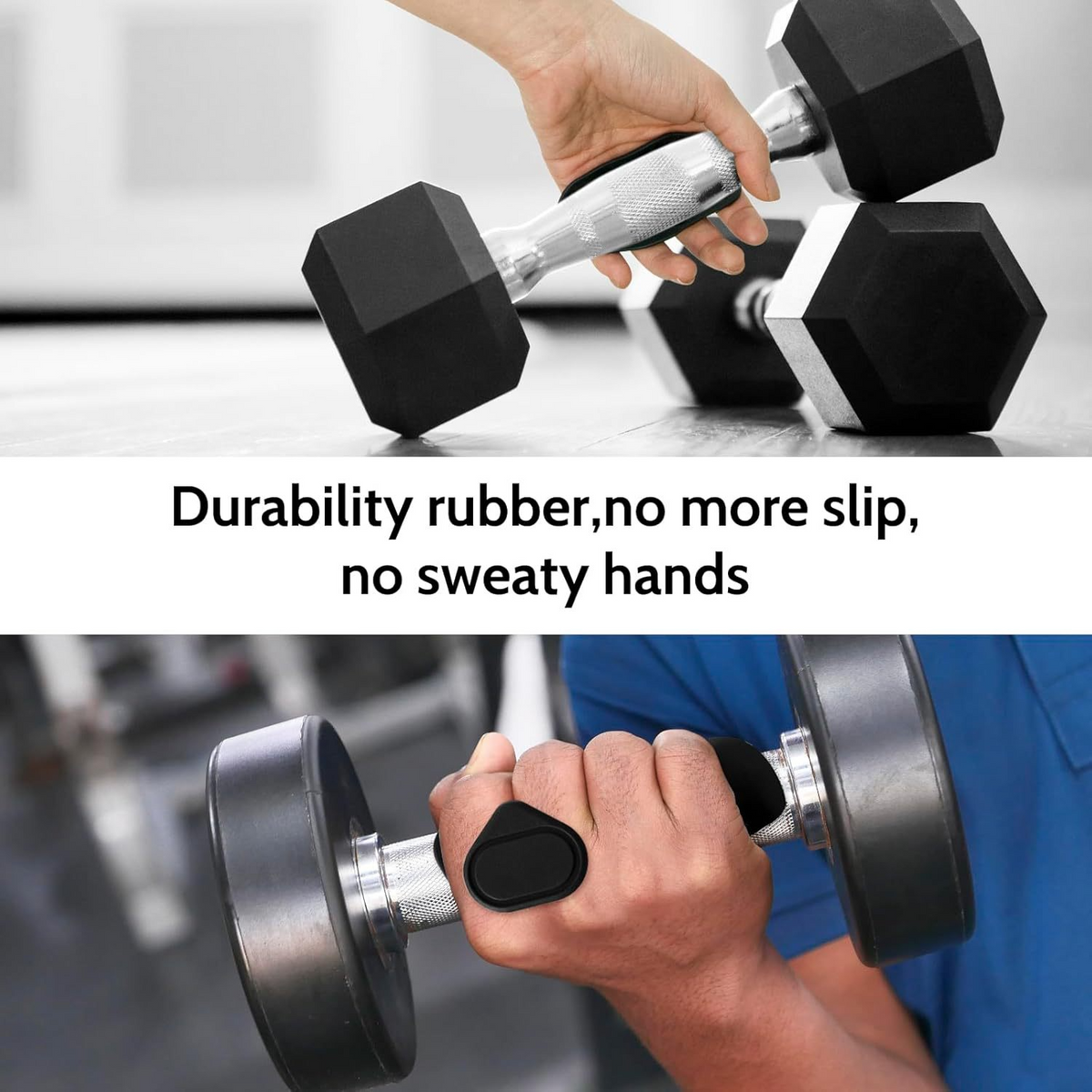 Hands gripping dumbbells with grip pads, with the text Durability rubber, no more slip, no sweaty hands