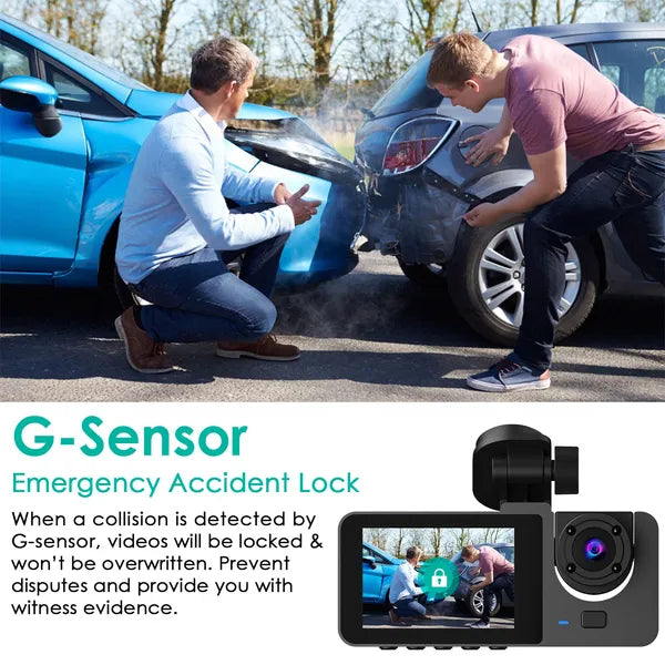 Two men inspecting car damage after a collision, with the dash camera's G-sensor lock described
