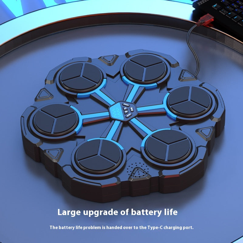 Close-up of the boxing machine's six round targets with a blue light ring