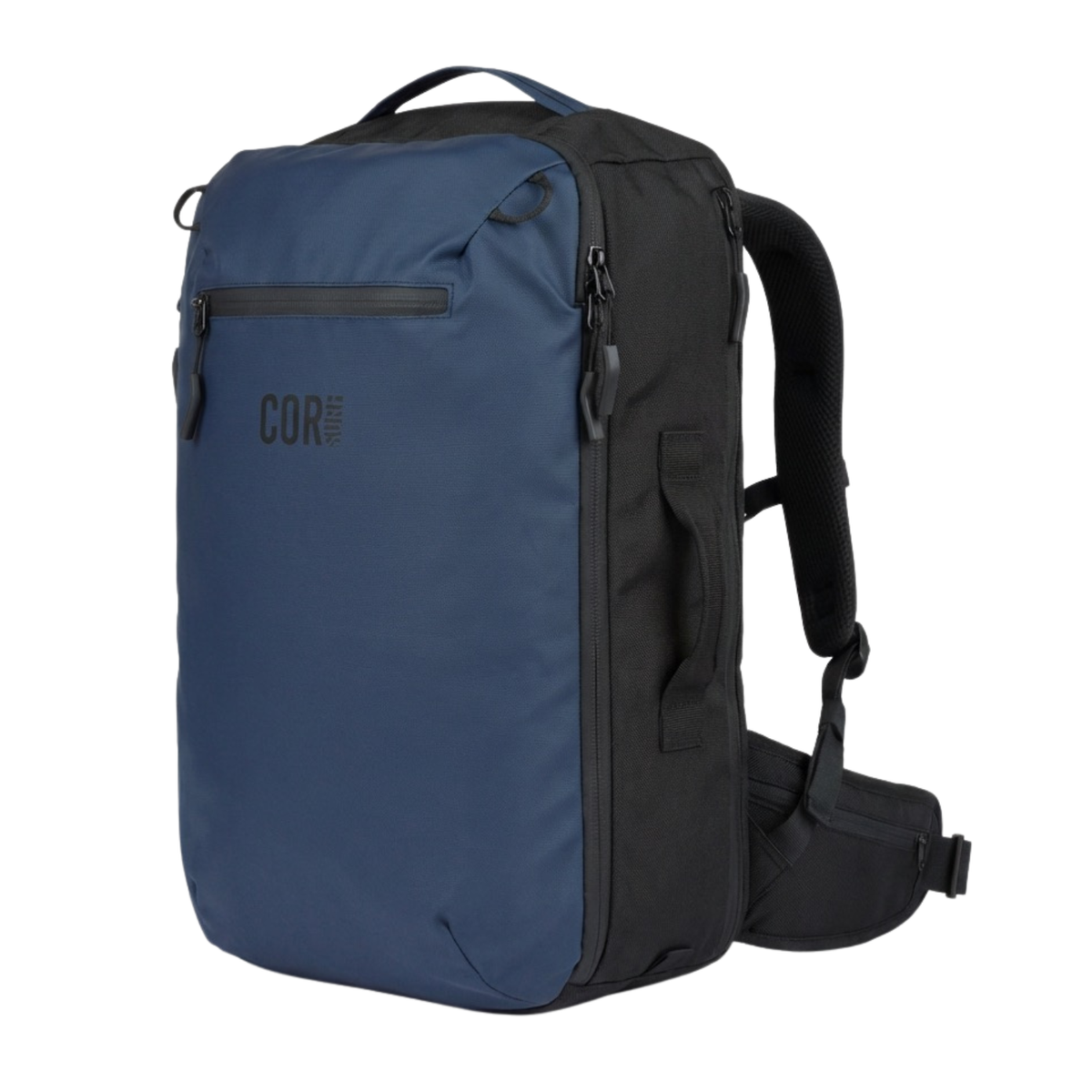 COR Surf Island Hopper 40L in Midnight Blue, three-quarter view with a hip belt