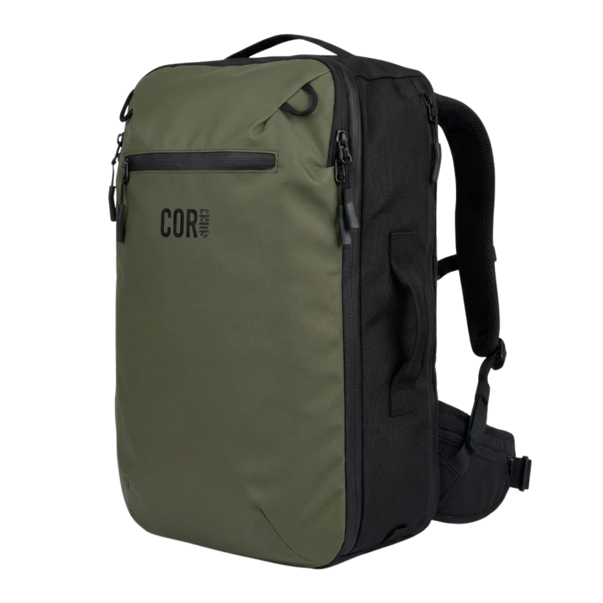 COR Surf Island Hopper 40L in olive Green, three-quarter view with a hip belt