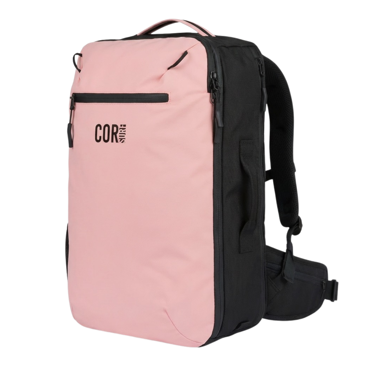 COR Surf Island Hopper 40L in Pink, three-quarter view with a hip belt