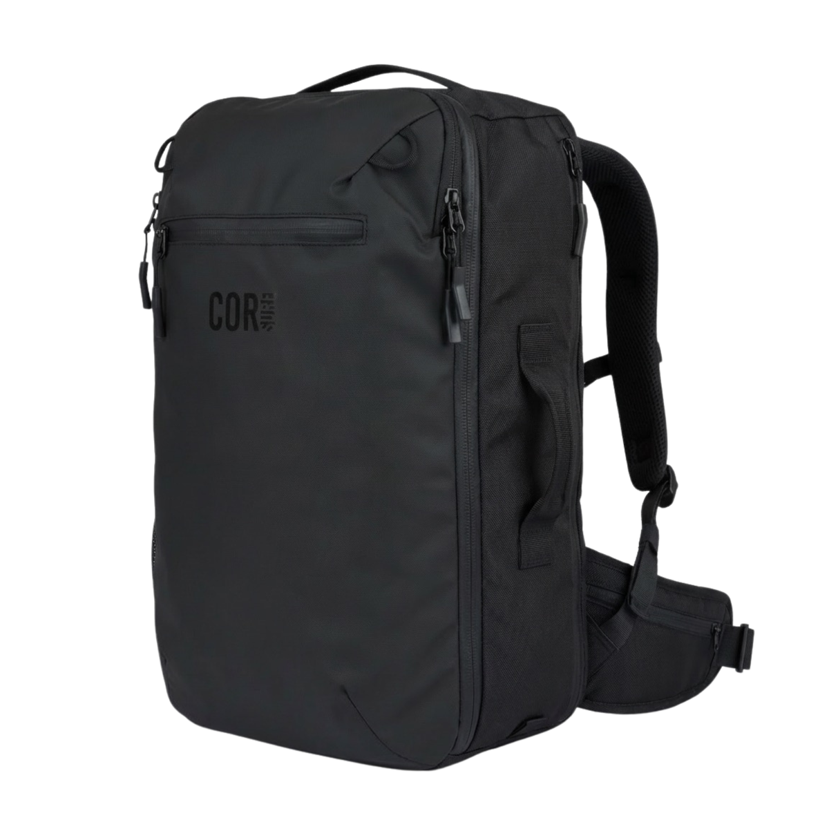 COR Surf Island Hopper 40L in Black, three-quarter view with a hip belt