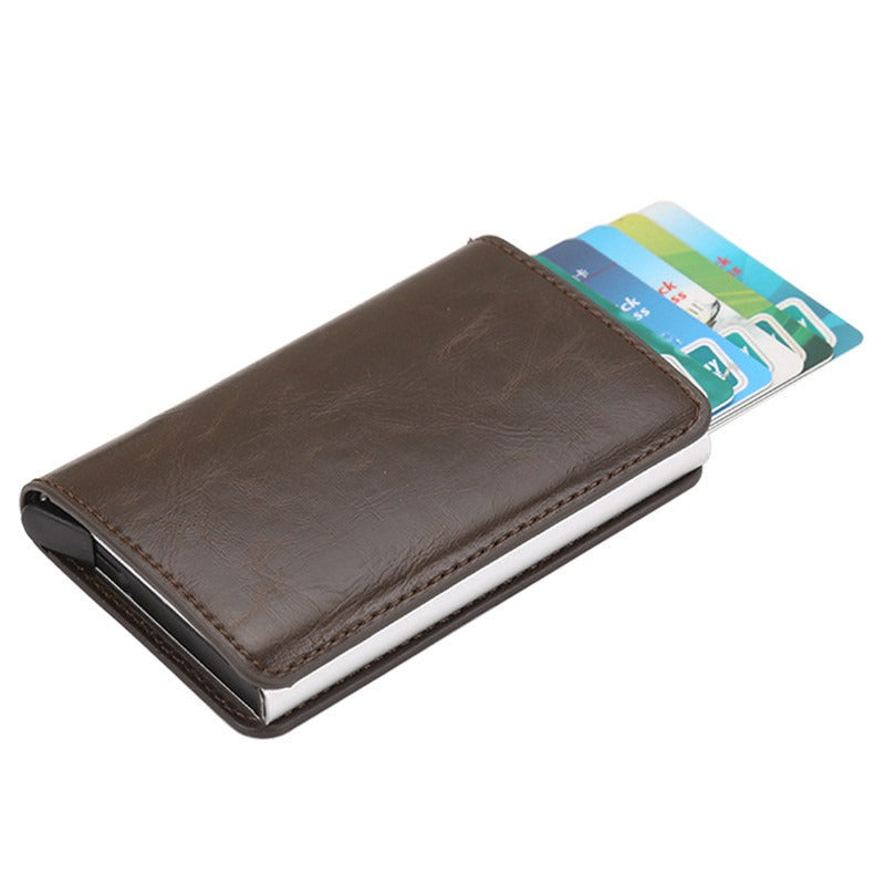 CHICAMOR RFID pop-up card wallet in dark coffee brown with cards fanned out