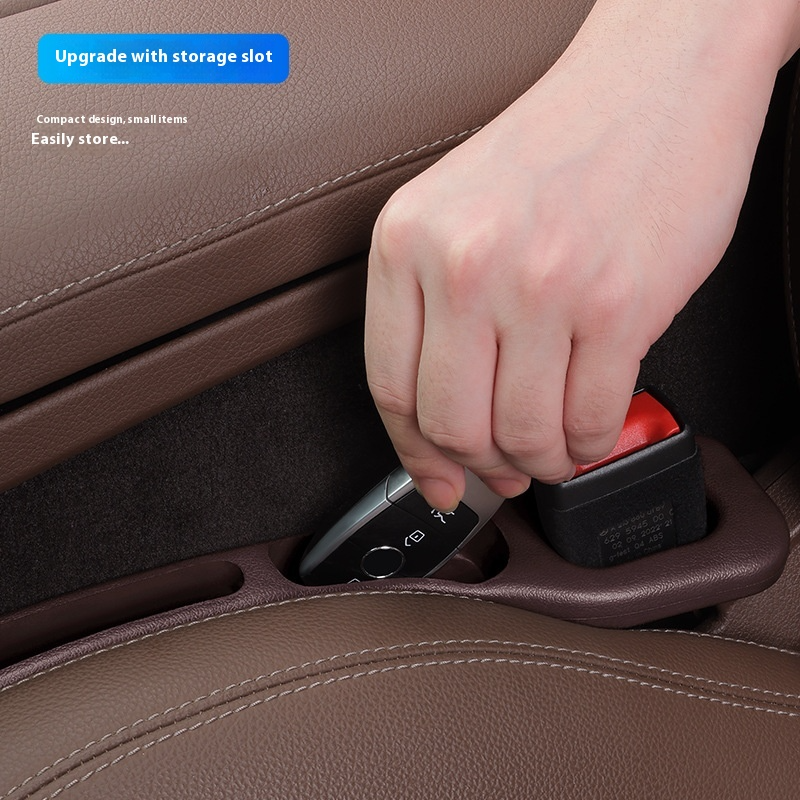 Hand reaching for a seat belt buckle beside the SeatSlot gap filler, with the caption Upgrade with storage slot