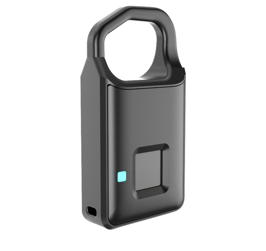 Black fingerprint padlock with a blue indicator light, tilted side view