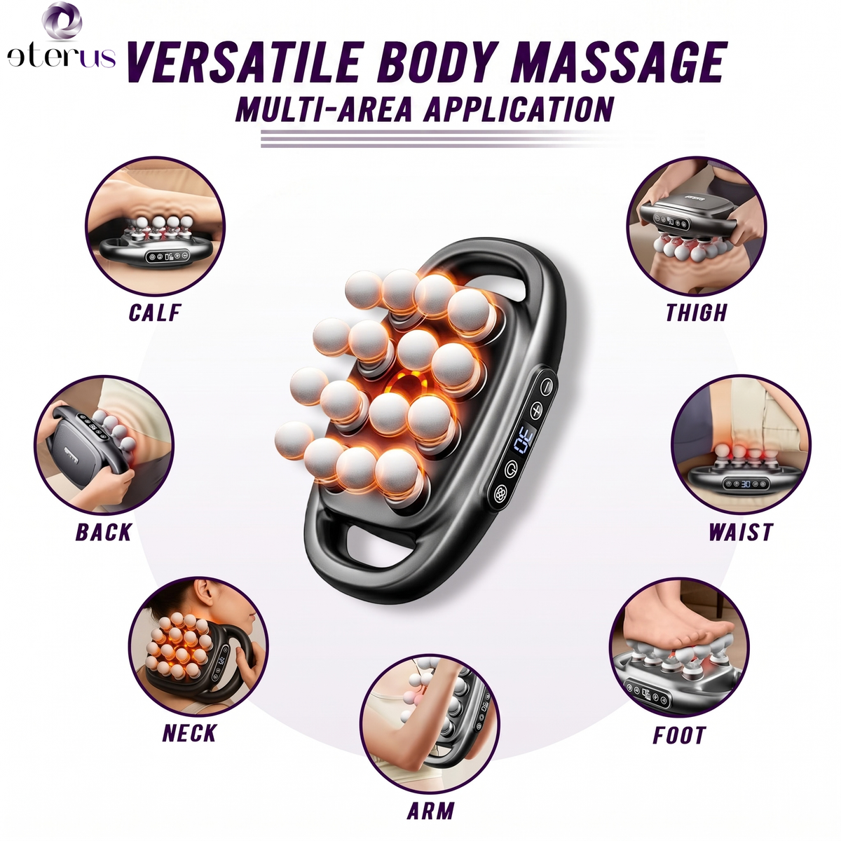 Infographic showing the 16-head massage gun used on calf, thigh, back, waist, neck, arm and foot