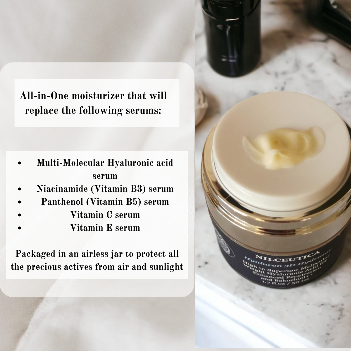 Open moisturizer jar with cream beside a text panel listing its all-in-one serum ingredients