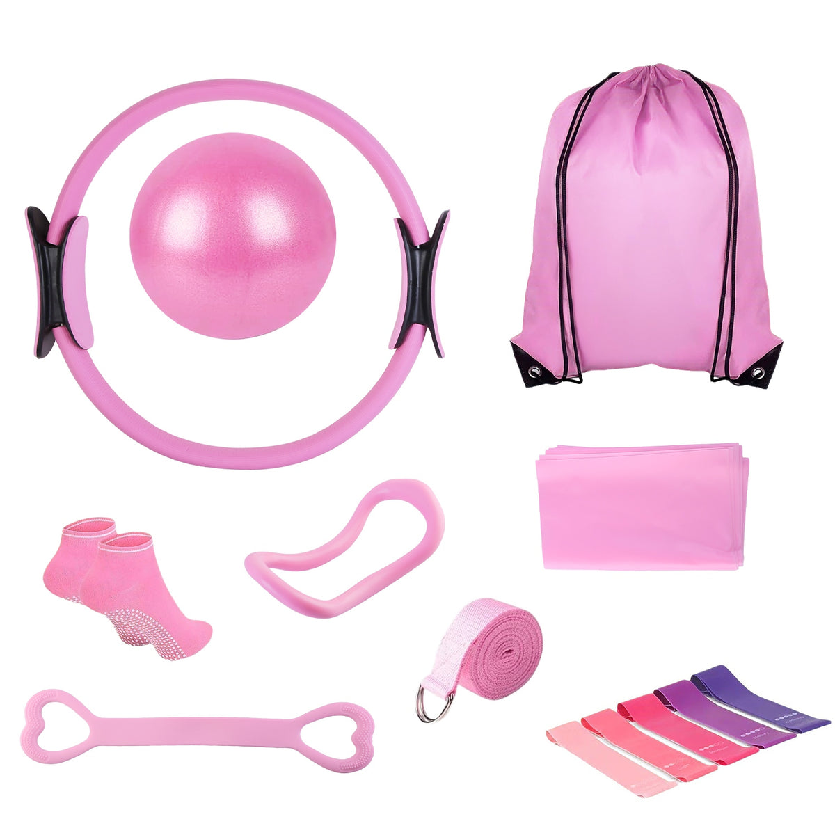 Pink pilates kit contents: ring, ball, drawstring bag, block, socks, bands and strap