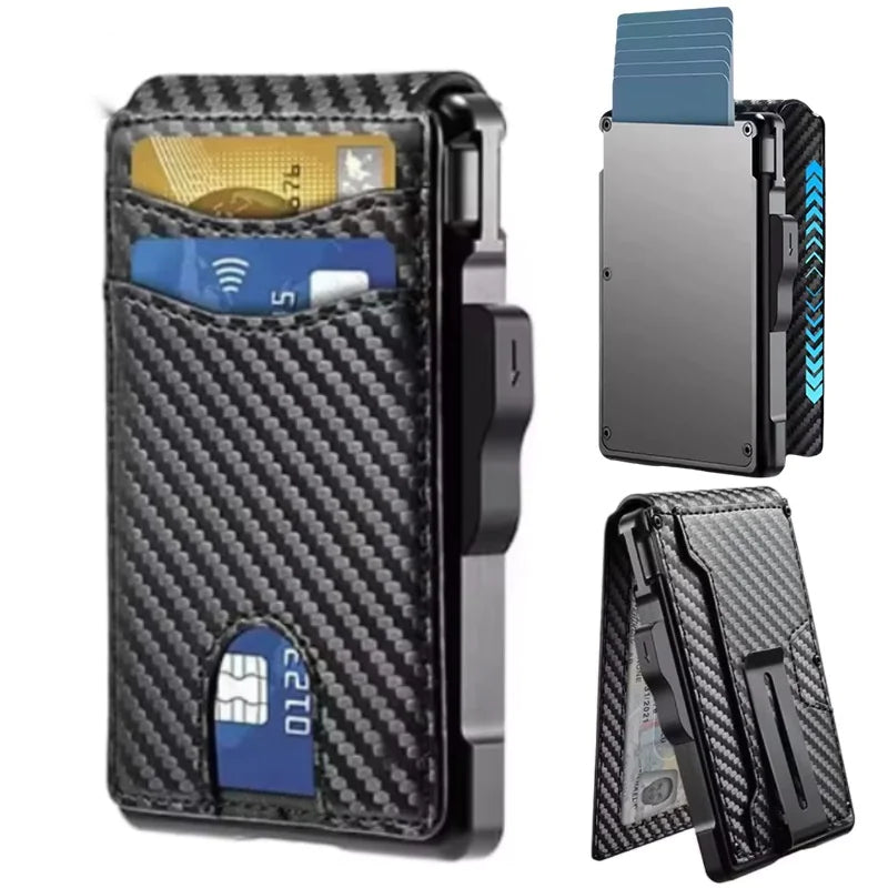 Black carbon-fiber card wallet holding cards, with front and side views