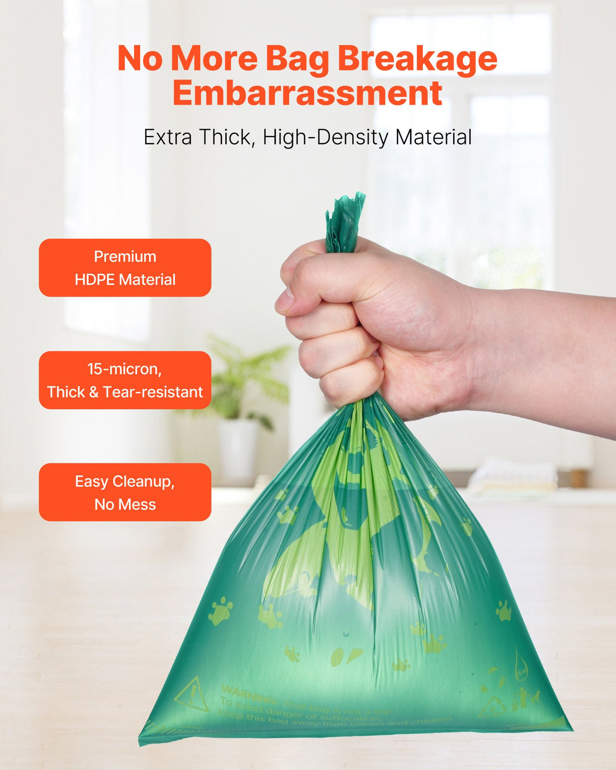 Hand holding a tied green waste bag, with the text No More Bag Breakage Embarrassment