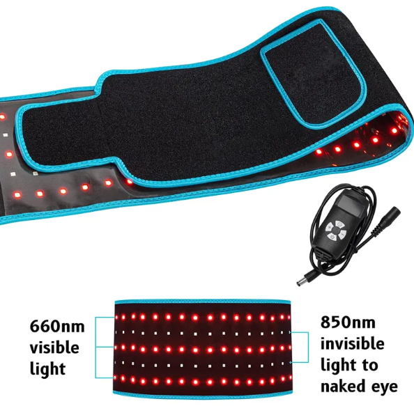 Black belt with blue edging and a pocket flap, above a close view of rows of 660nm visible and 850nm invisible LEDs and a power adapter
