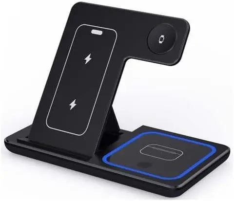 Black foldable 3 in 1 wireless charging station with glowing blue earbud pad, side view