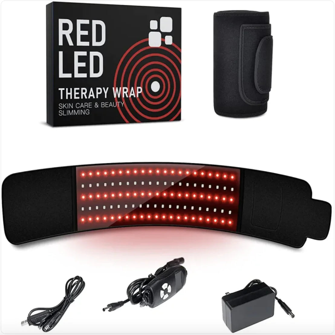 Red LED therapy wrap box and belt with glowing LEDs, beside its cable, controller and power adapter, second view