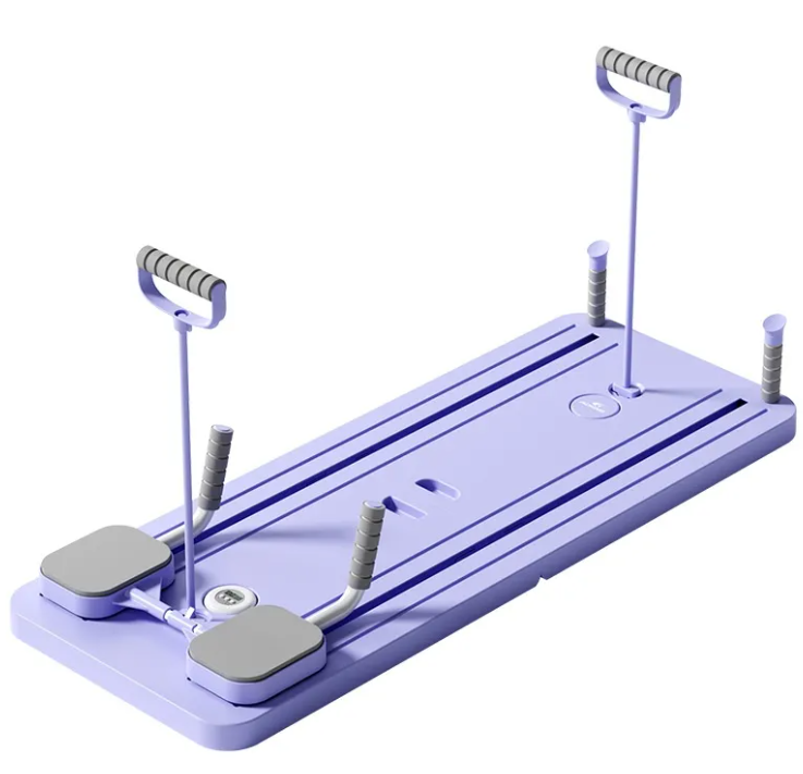 Purple abdominal board with foot pads and cord handles, angled view on a white background