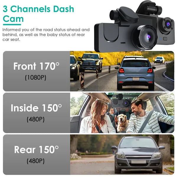 Dash camera with front, inside and rear camera views on a feature graphic