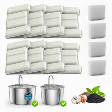 Pet fountain filters and sponges above two stainless steel pet fountains, with check marks beside each