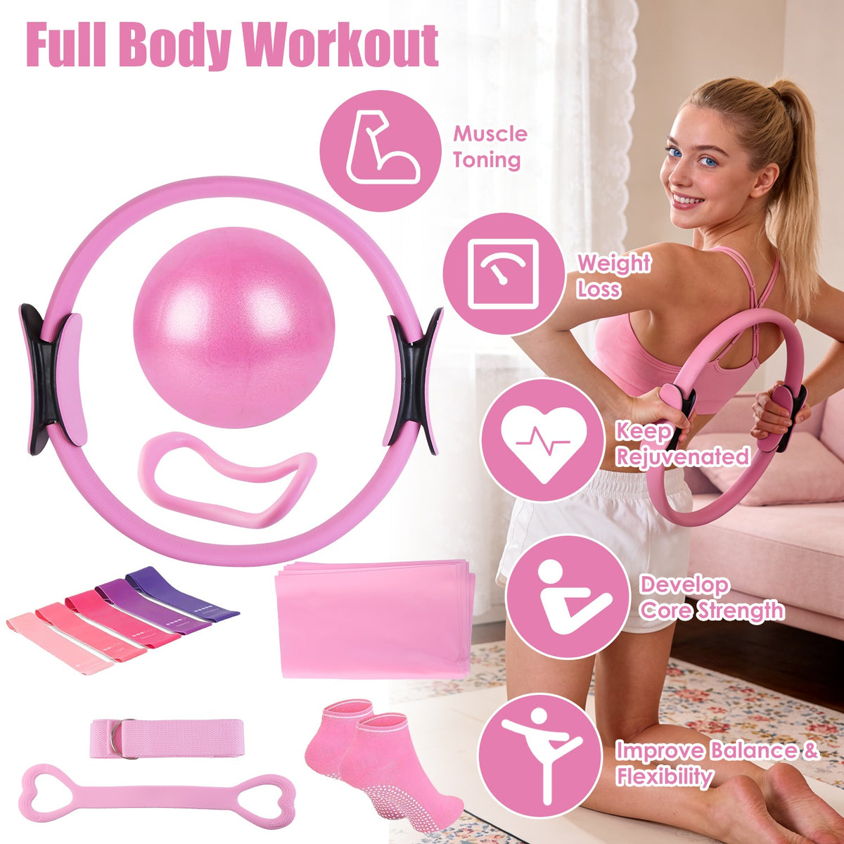 Full-body workout infographic with a pink pilates ring, ball and accessories