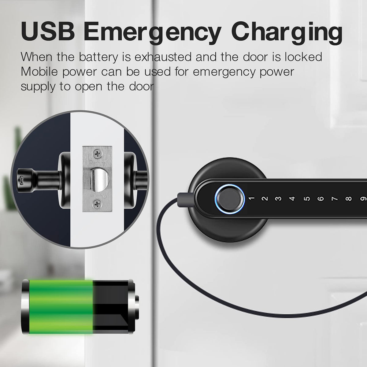 Door handle lock connected to a USB cable for emergency charging, with a battery icon