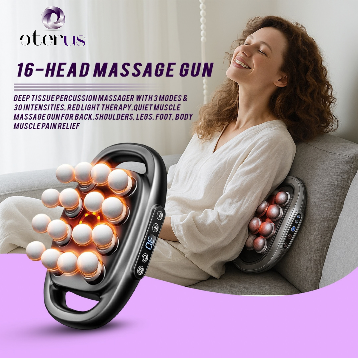 Smiling woman using the 16-head massage gun at home