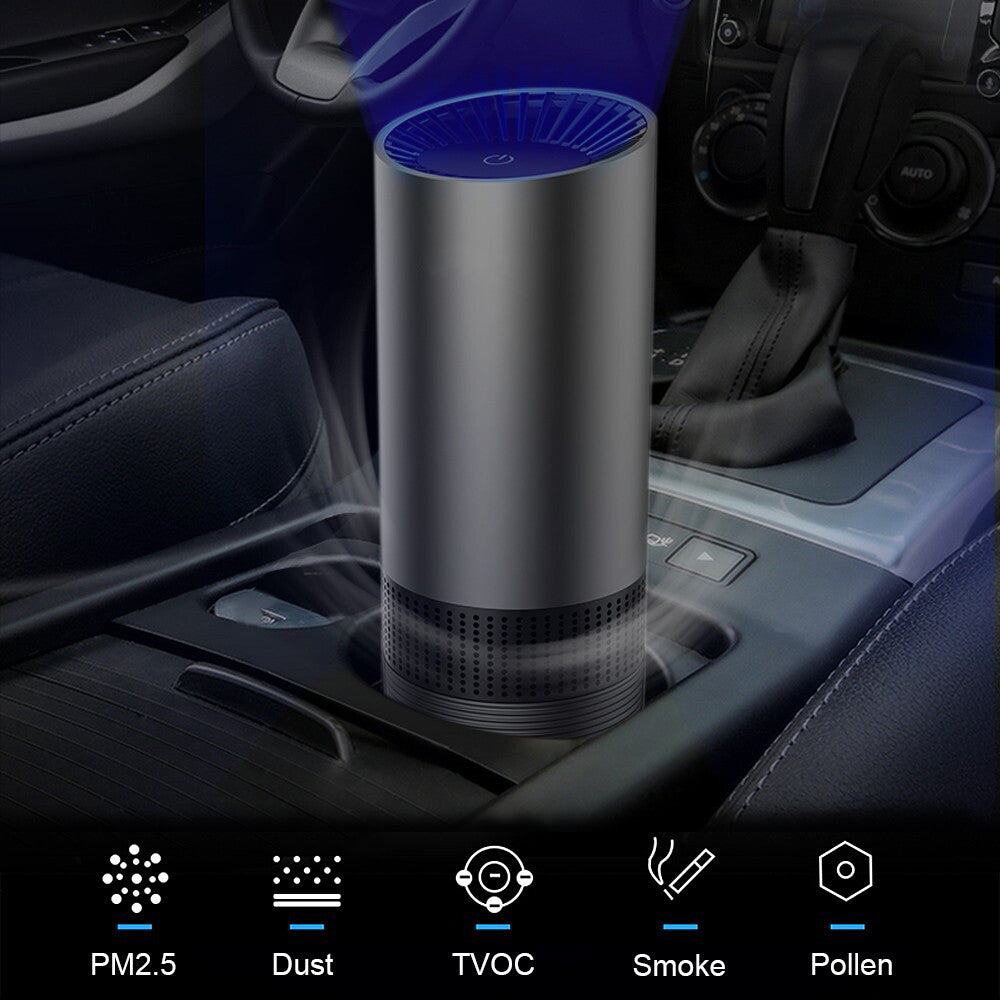 Cylindrical air purifier in a car cup holder with icons for PM2.5, dust, TVOC, smoke and pollen