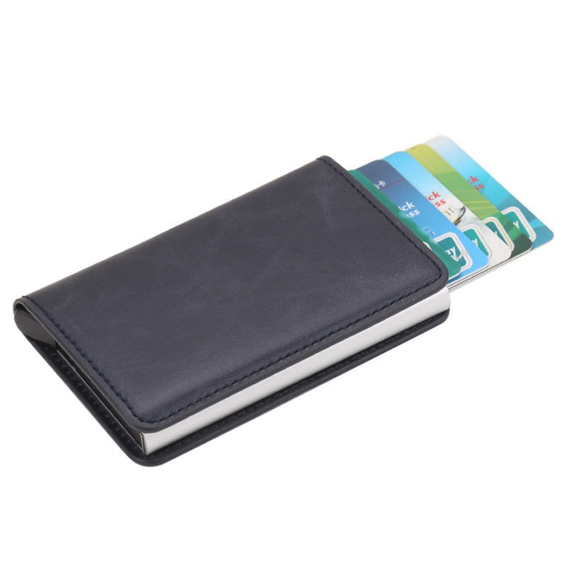 CHICAMOR RFID pop-up card wallet in dark blue-gray with cards fanned out