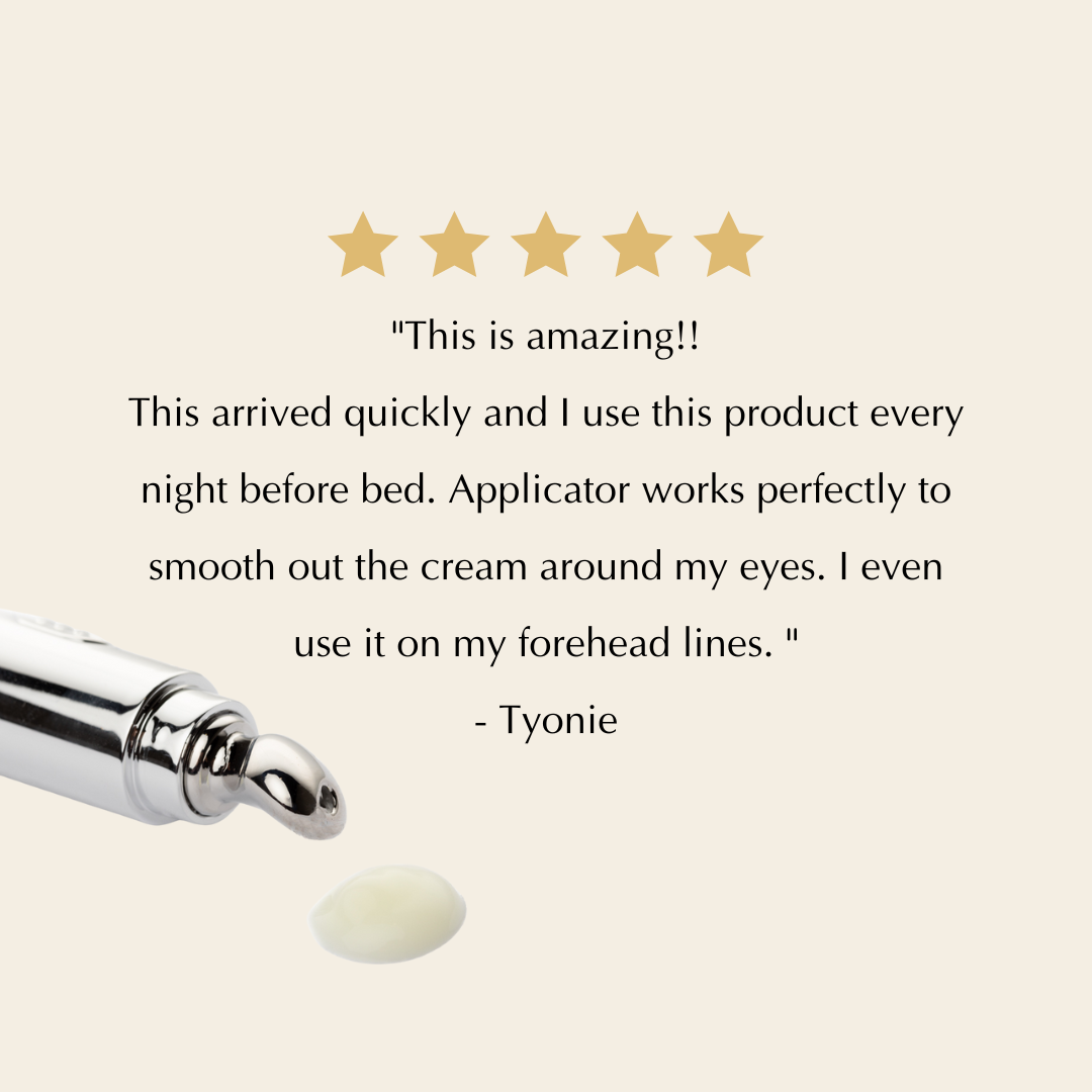 Customer review card with five stars beside the eye cream tube and a dab of cream