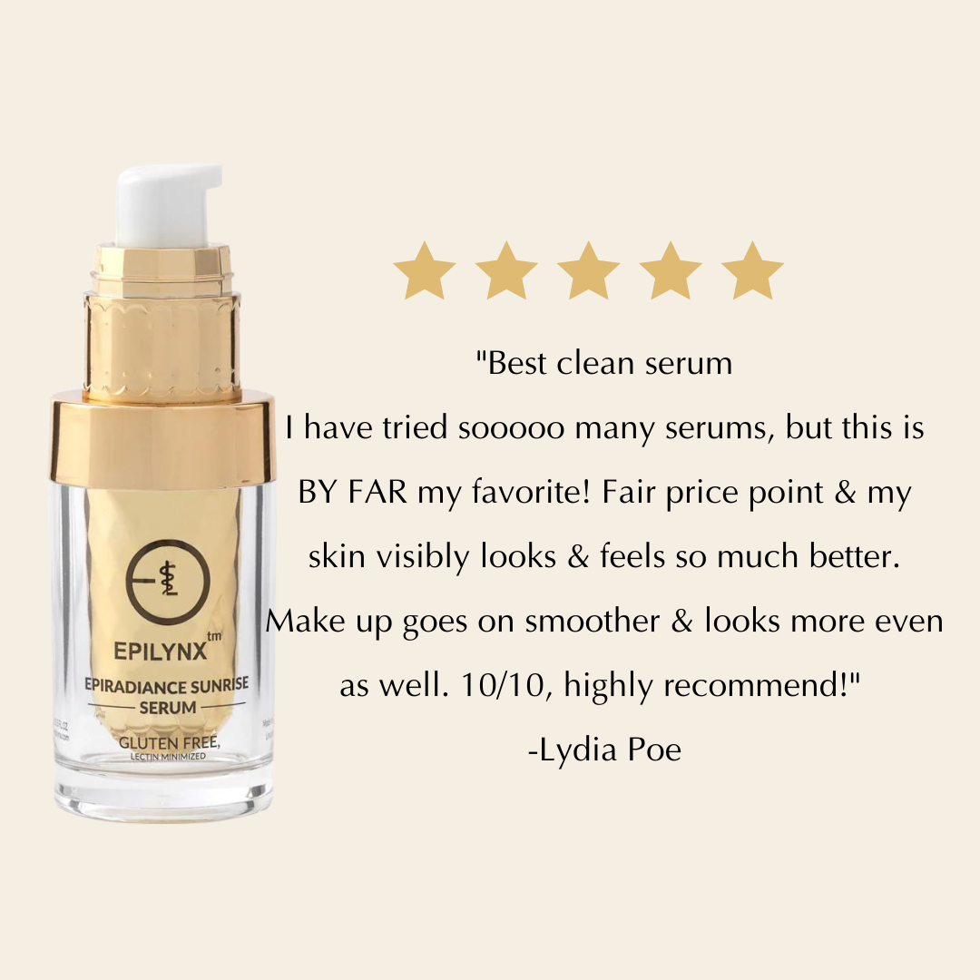 Customer review card with five stars beside the gold serum bottle