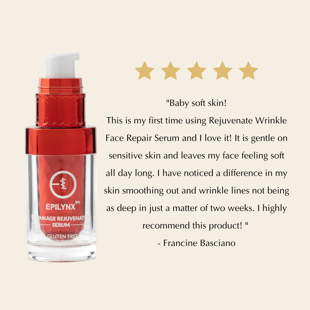 Customer review card with five stars beside the red serum bottle