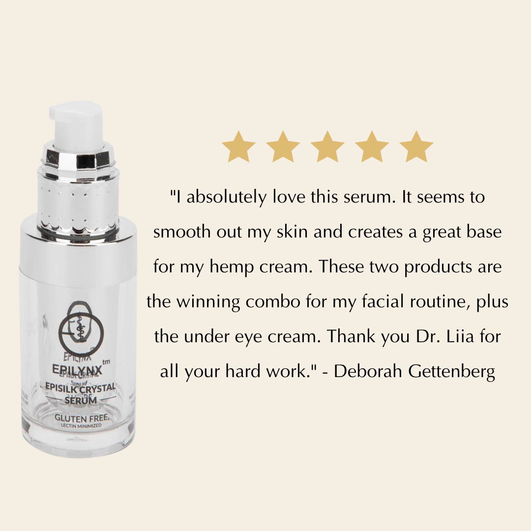 Customer review card with five stars beside the silver serum bottle