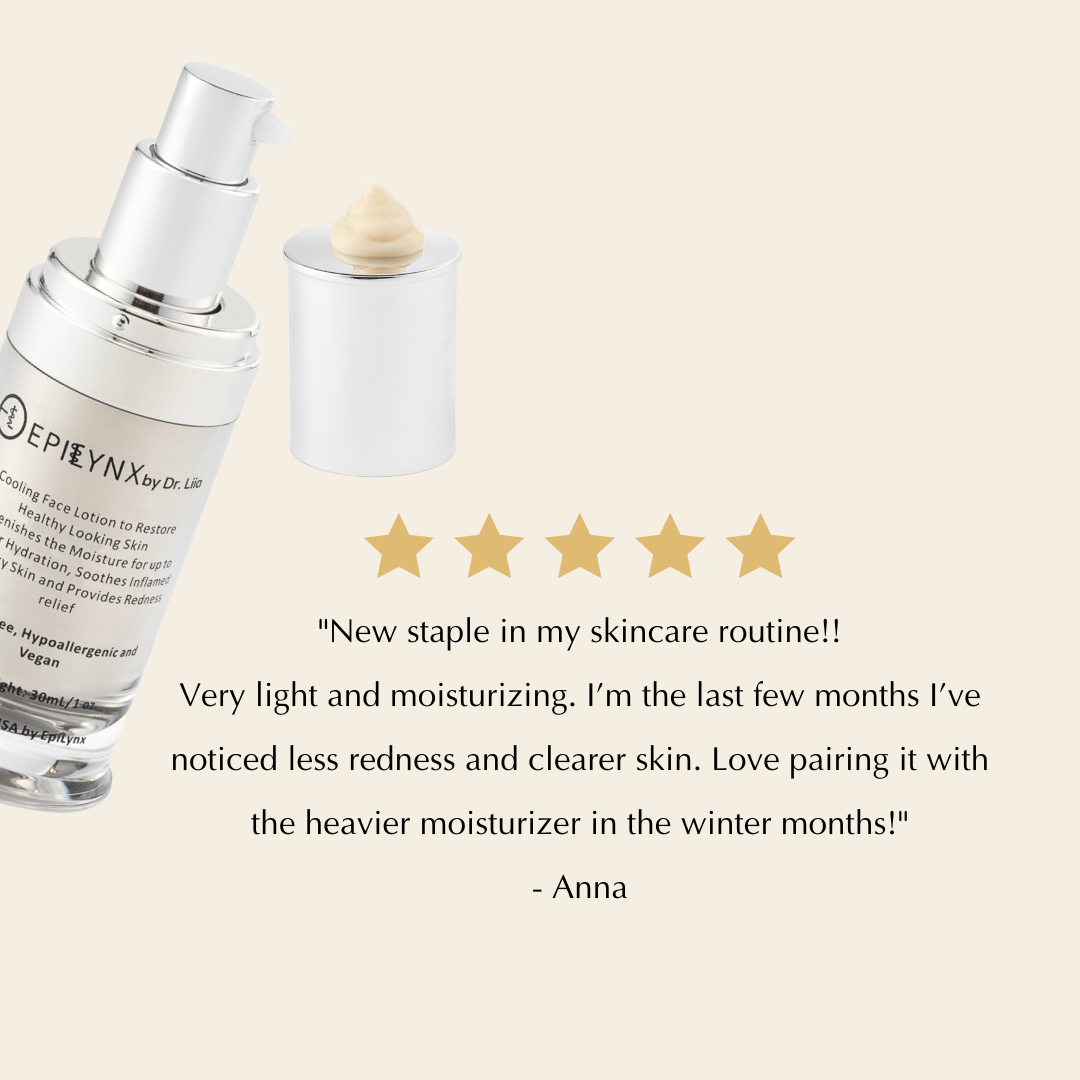 Five-star customer review beside the EpiLynx moisturizer bottle and a cream-filled cap