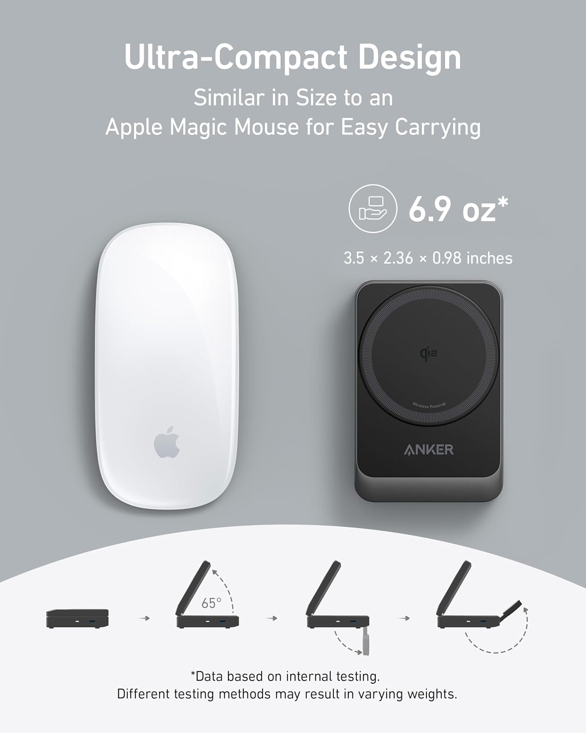Folded black charging station beside an Apple Magic Mouse for size comparison, with the text Ultra-Compact Design
