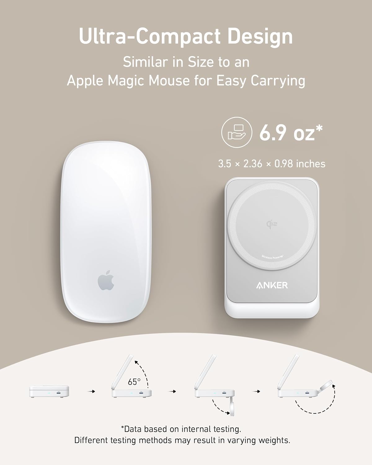 Folded white charging station beside an Apple Magic Mouse for size comparison, with the text Ultra-Compact Design
