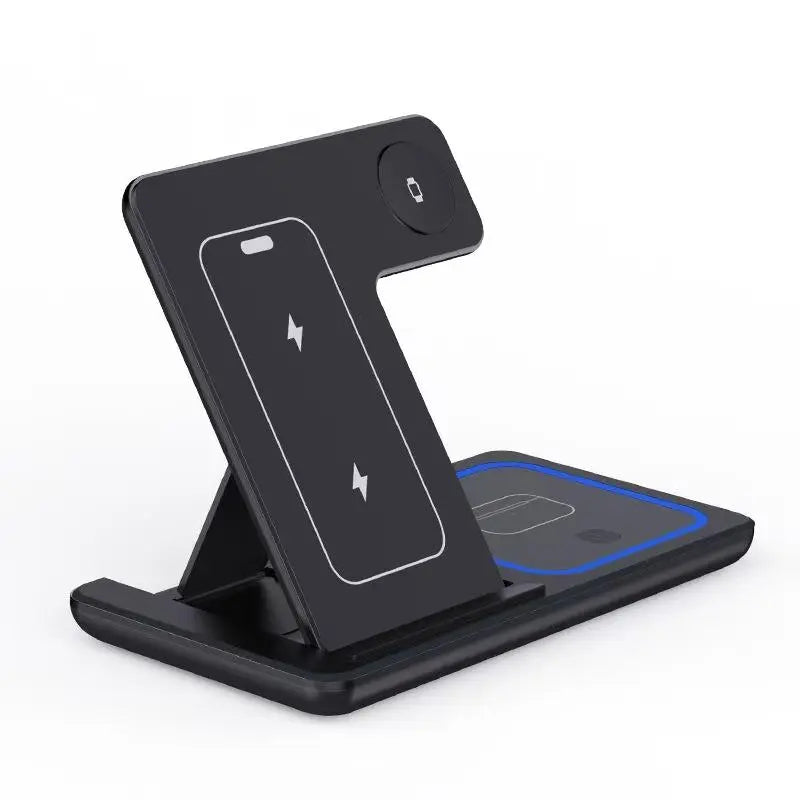 Black foldable 3 in 1 wireless charging station with phone pad, watch puck and earbud pad, angled view