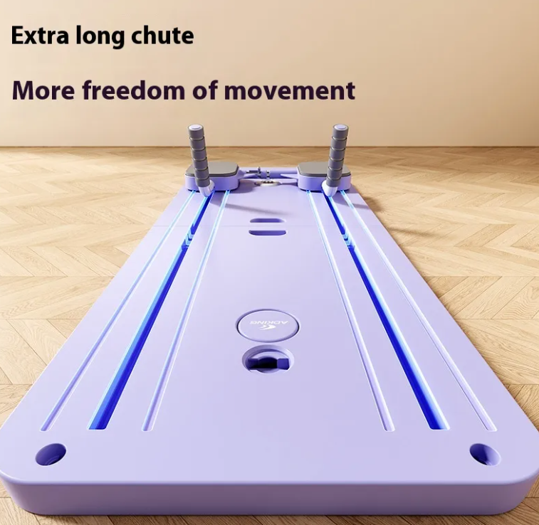 Purple abdominal board with a long center track, side view on a wood floor