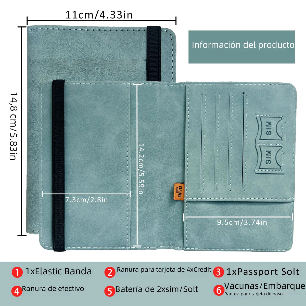 Teal passport wallet dimensions and parts diagram