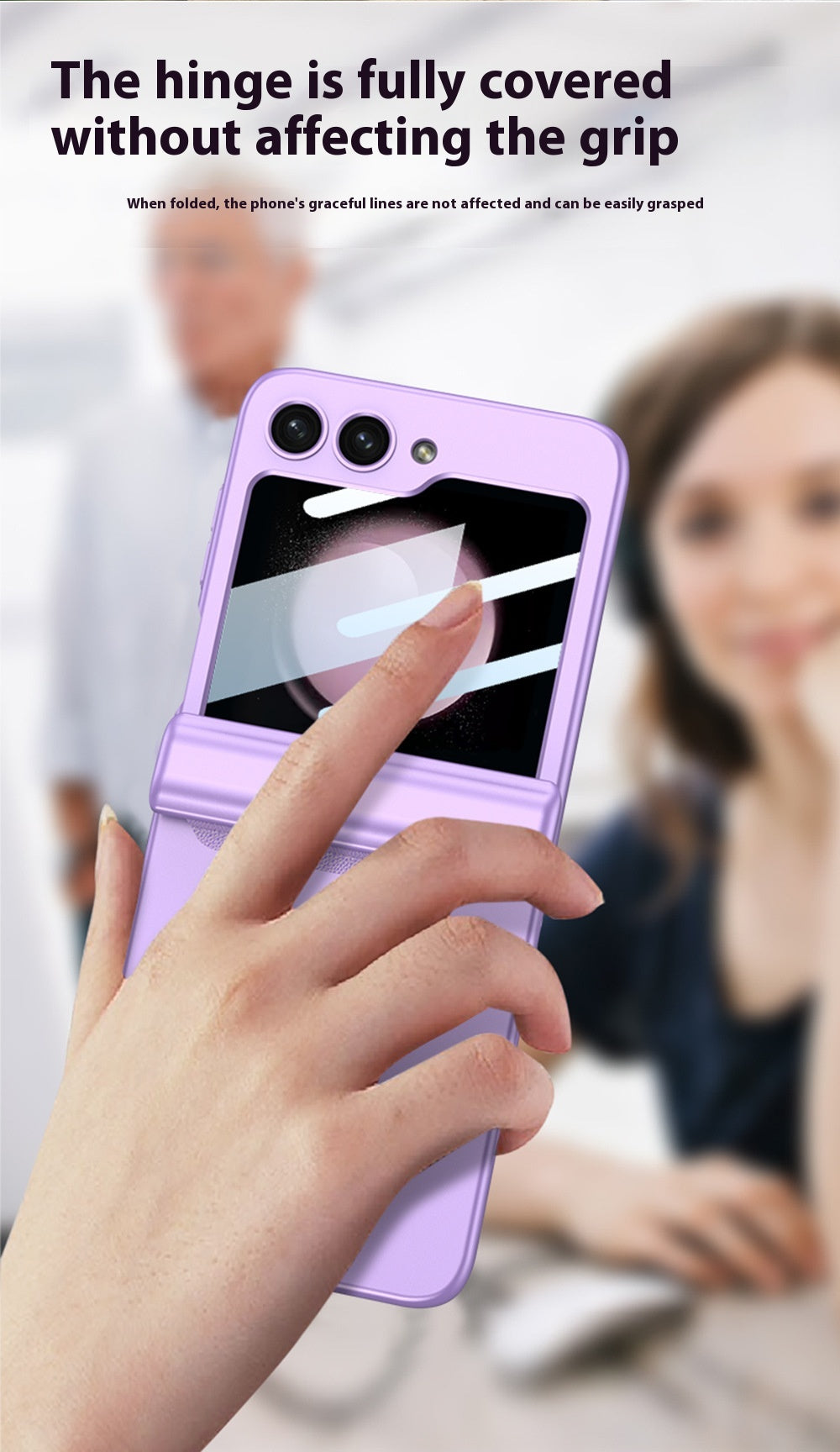 Woman at a desk holding a purple Galaxy Z Flip 5 case with the hinge covered