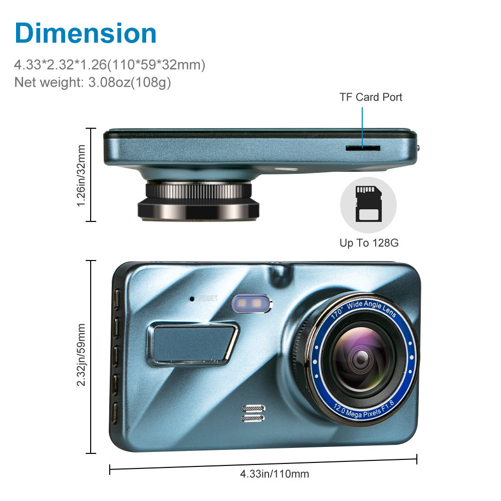 Dash cam dimensions and TF card slot