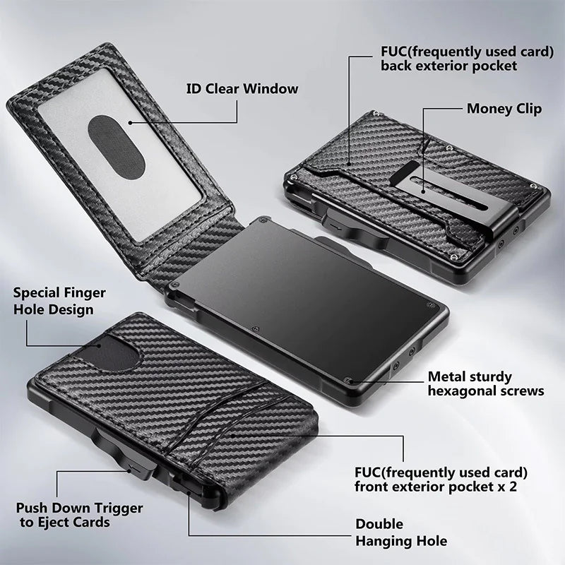 Black carbon-fiber pop-up card wallet shown from several angles with feature callouts