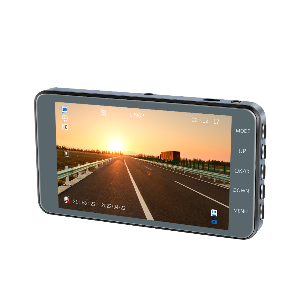 Dash cam displaying road at sunset