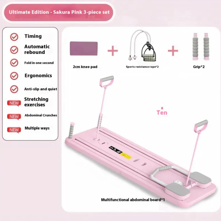 Pink folding abdominal board kit layout with kneeling mat, resistance cords and handles