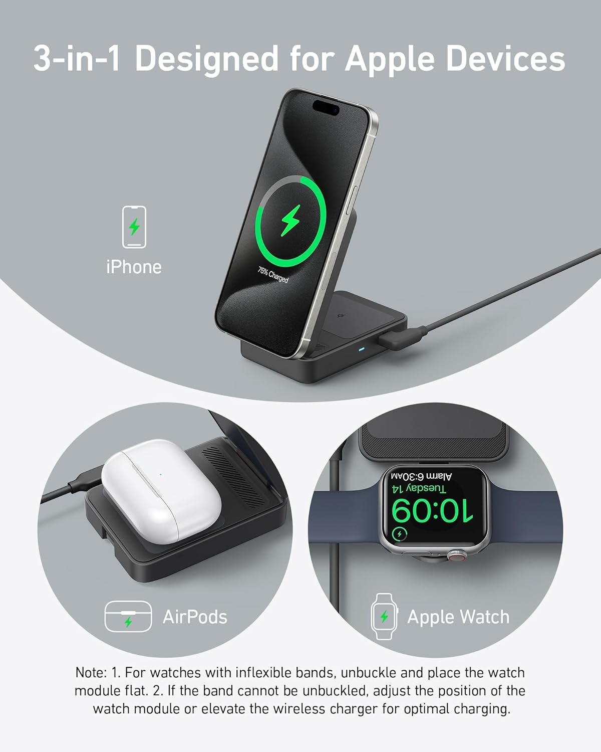 Graphic of the black station charging an iPhone, AirPods and an Apple Watch at the same time