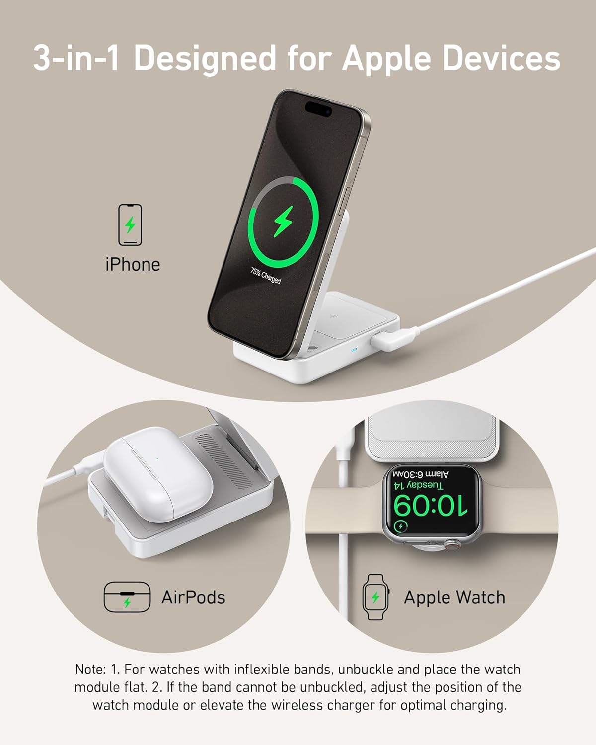 Graphic of the station charging an iPhone, AirPods and an Apple Watch at the same time