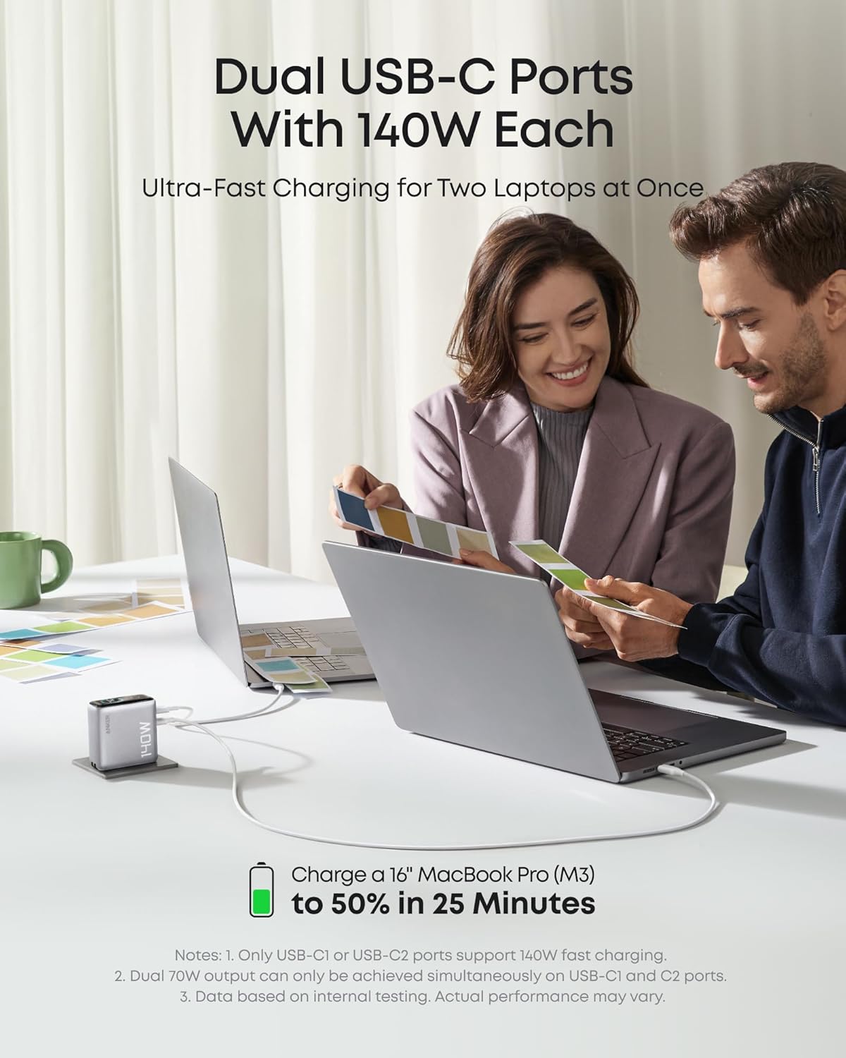 Two people working on laptops with the silver charger, with the text Dual USB-C Ports With 140W Each