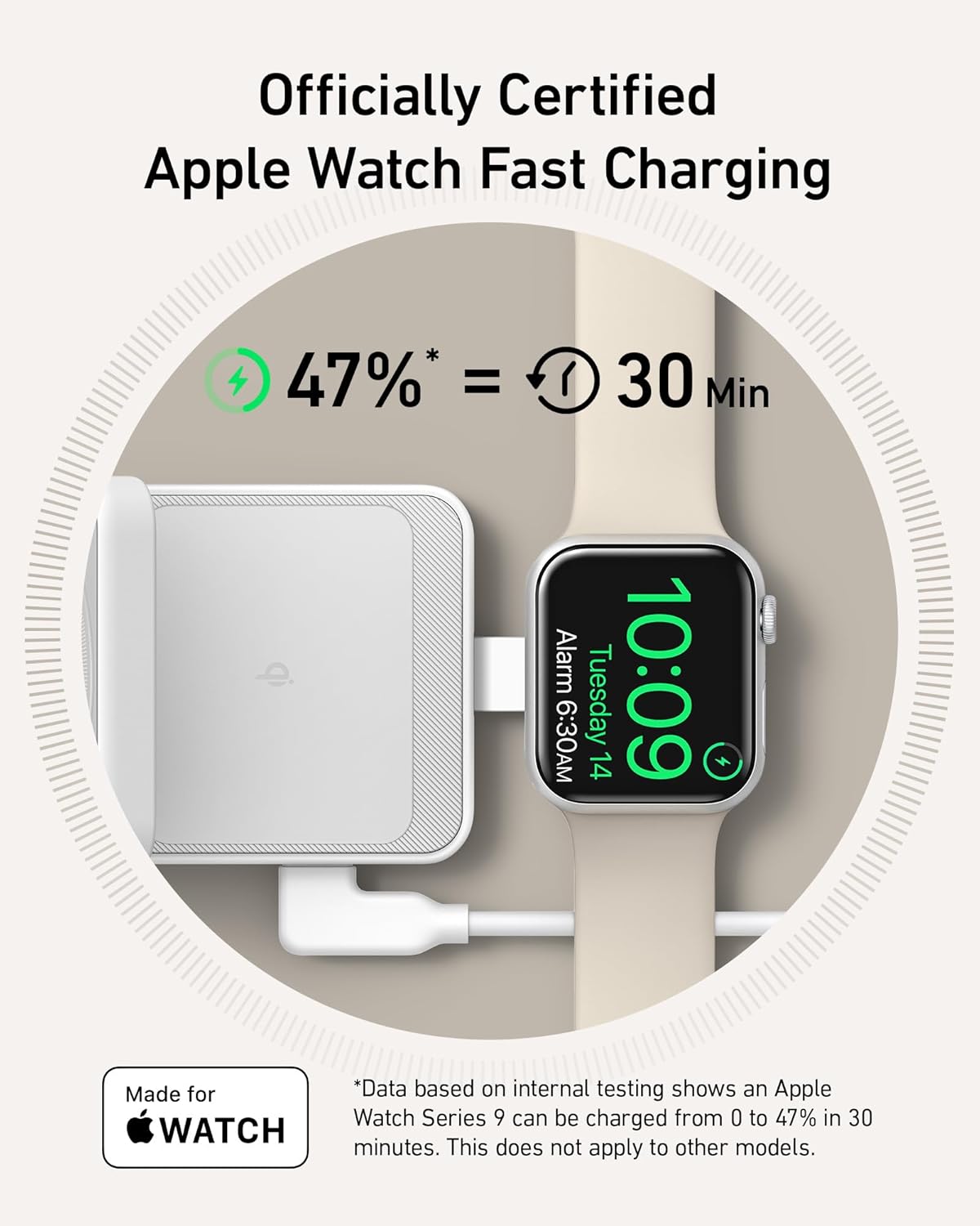 Apple Watch charging on the white station, with the text about Apple Watch fast charging