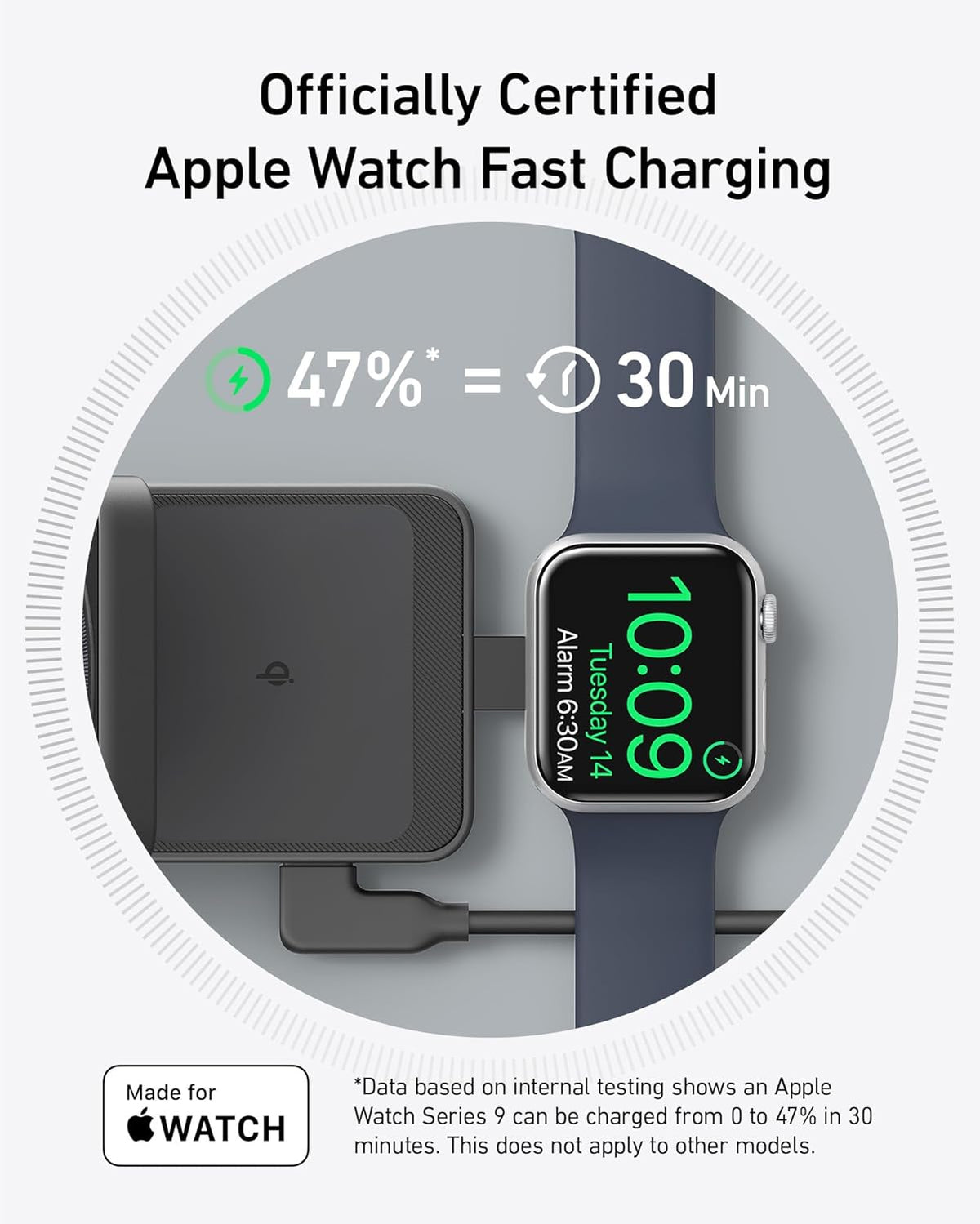 Apple Watch charging on the black station, with the text about Apple Watch fast charging