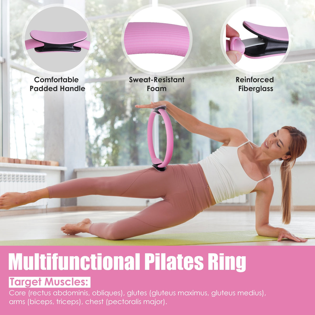 Woman doing a side leg lift with a pink pilates ring, with ring features listed