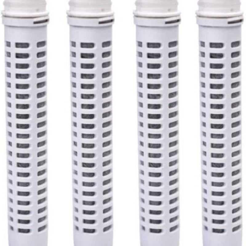 Four gray carbon filter cartridges standing in a row, second view
