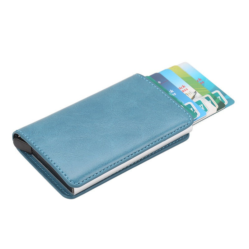 CHICAMOR RFID pop-up card wallet in teal with cards fanned out