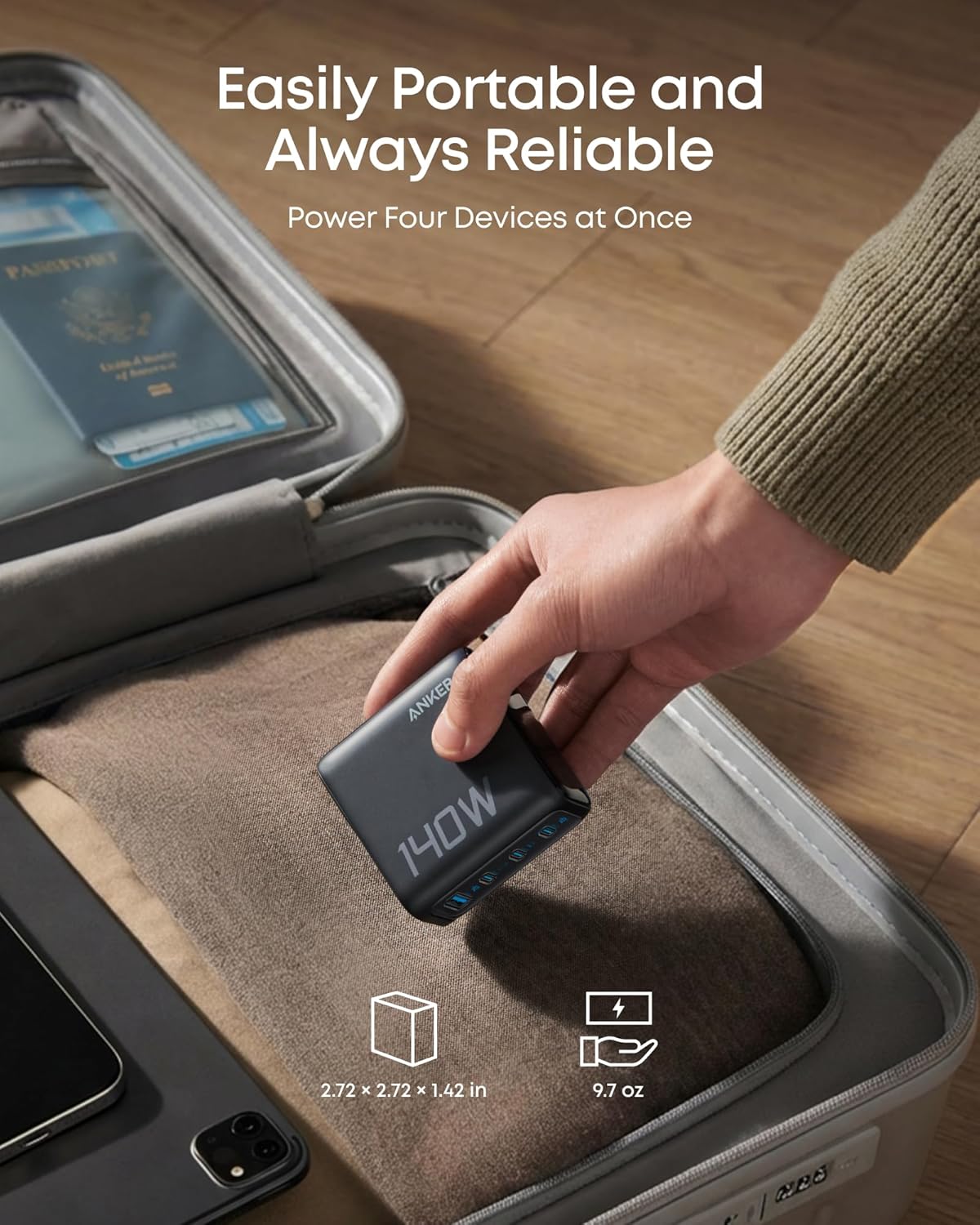 Hand placing the black charger into a travel bag, with the text Easily Portable and Always Reliable